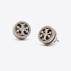 Tory Burch Silver Logo Circle Crystal Stud Earring